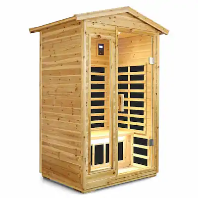 Front. RYHNUYNE - 2 Person Far Infrared Sauna, Old Fir Wood, Outdoor, 6 Heating Panels, 1750W, Bluetooth, LED Light - Natural Wood.