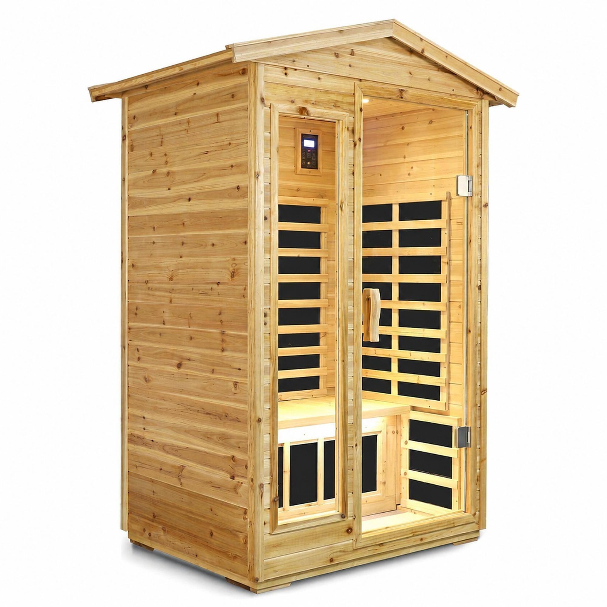 Front. RYHNUYNE - 2 Person Far Infrared Sauna, Old Fir Wood, Outdoor, 6 Heating Panels, 1750W, Bluetooth, LED Light - Natural Wood.