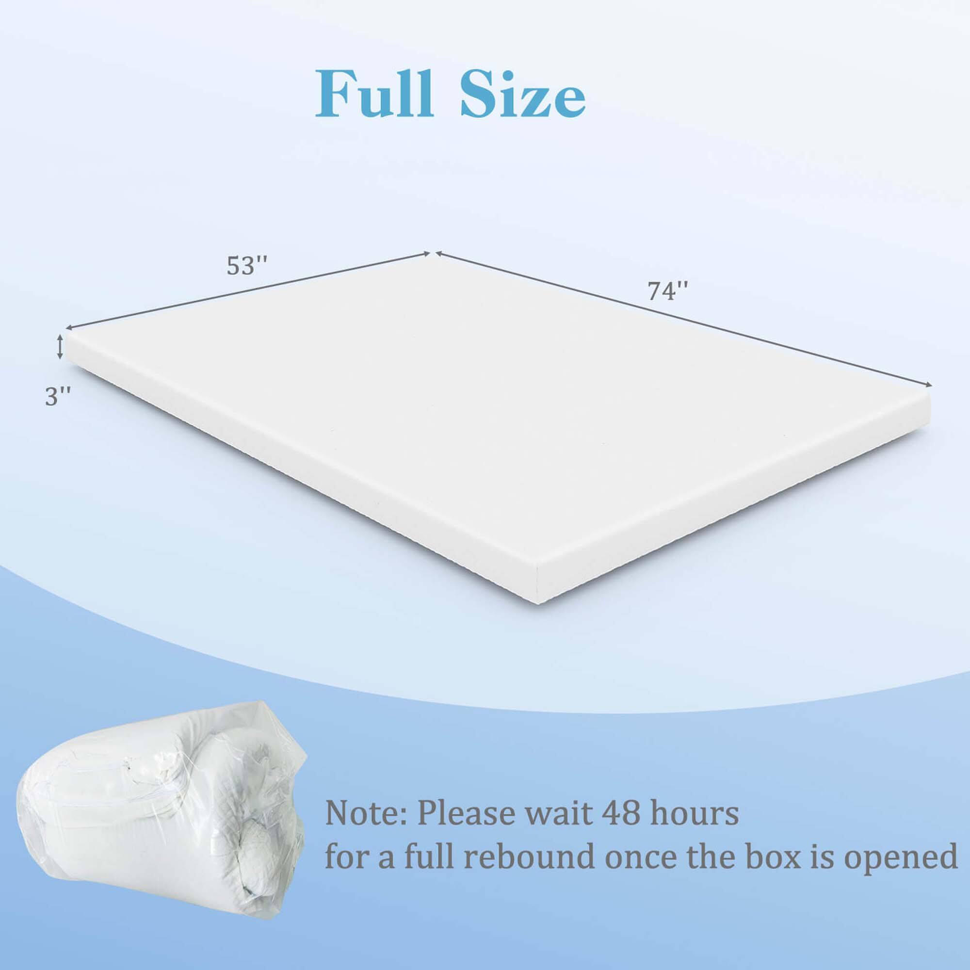 Full Size

53" x 74" x 3"

Note: Please wait 48 hours for a full rebound once the box is opened