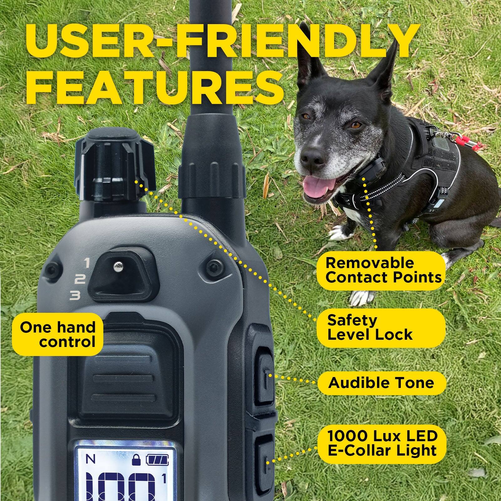 USER-FRIENDLY FEATURES

1. One hand control
2. Removable Contact Points
3. Safety Level Lock
4. Audible Tone
5. 1000 Lux LED E-Collar Light