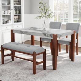 Loheer - 4 Piece Dining Set, Faux Marble Tabletop, Dining Room Set with Bench and Two Chairs - Gray