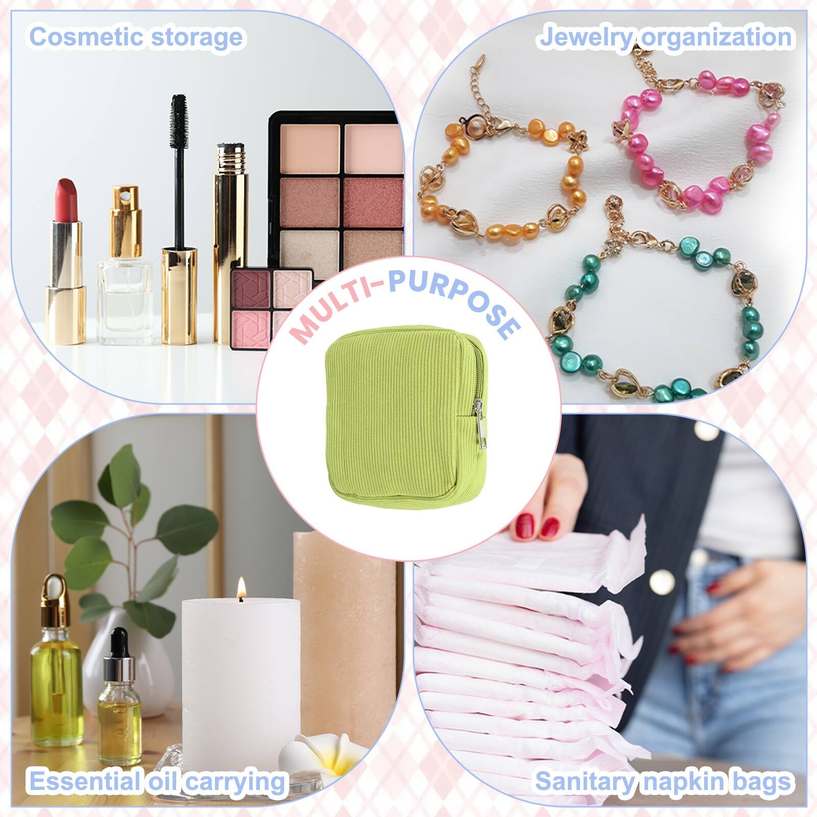 Cosmetic storage  
Jewelry organization  
MULTI-PURPOSE  
Essential oil carrying  
Sanitary napkin bags