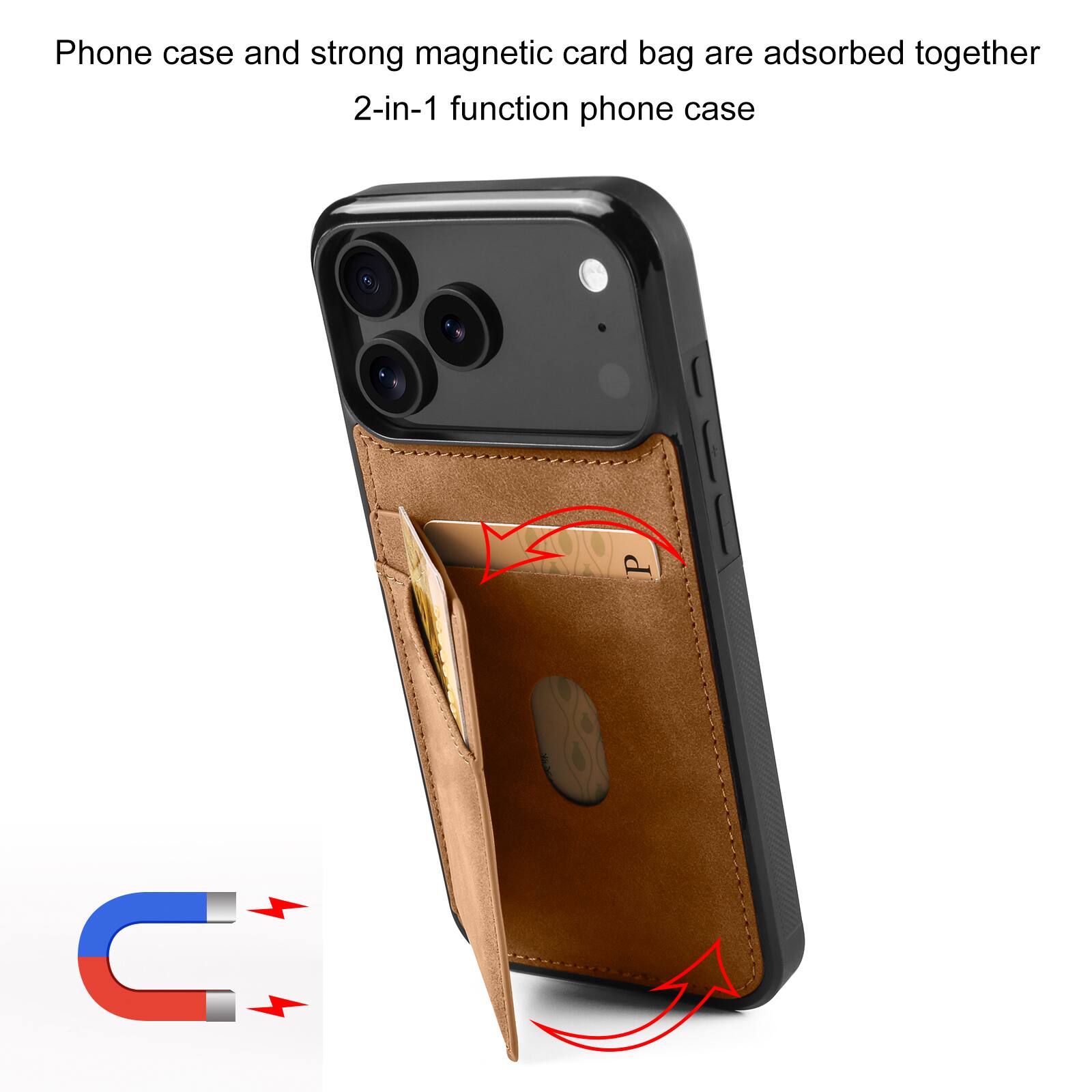 Phone case and strong magnetic card bag are adsorbed together  
2-in-1 function phone case