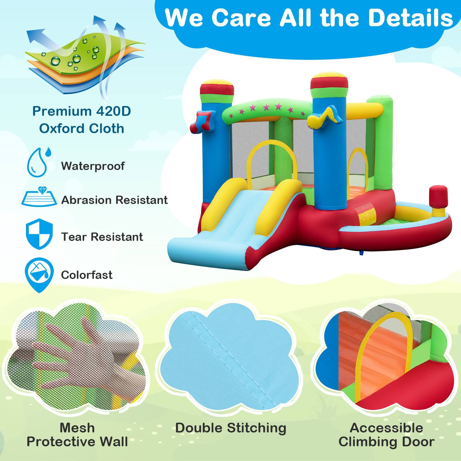 We Care All the Details

- Premium 420D Oxford Cloth
- Waterproof
- Abrasion Resistant
- Tear Resistant
- Colorfast
- Mesh Protective Wall
- Double Stitching
- Accessible Climbing Door