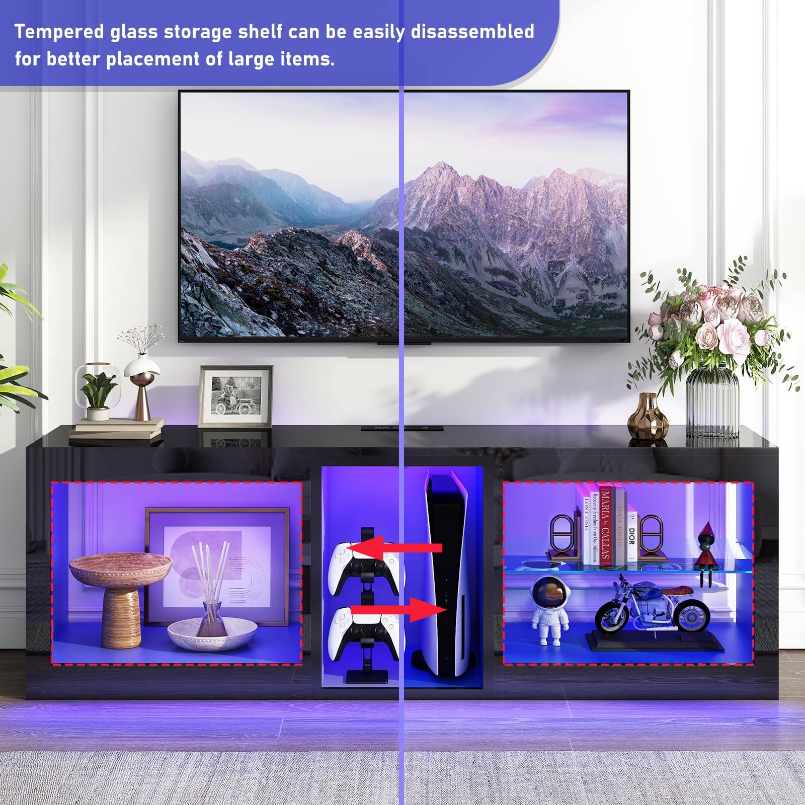 Tempered glass storage shelf can be easily disassembled for better placement of large items.