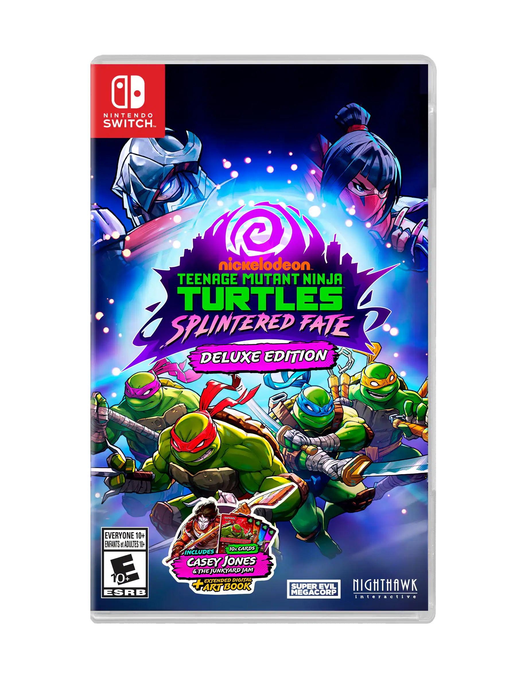 NINTENDO SWITCH, nickelodeon TEENAGE MUTANT NINJA TURTLES SPLINTERED FATE DELUXE EDITION, EVERYONE 10+ ENFANTS & ADULTES, E 10, ESRB, CARDS INCLUDES CASEY JONES & THE JUNKYARD JAM EXTENDED DIGITAL + ART BOOK, SUPER EVIL NIGHTHAWK MEGACORP Interactive - E10+ (Everyone 10+)