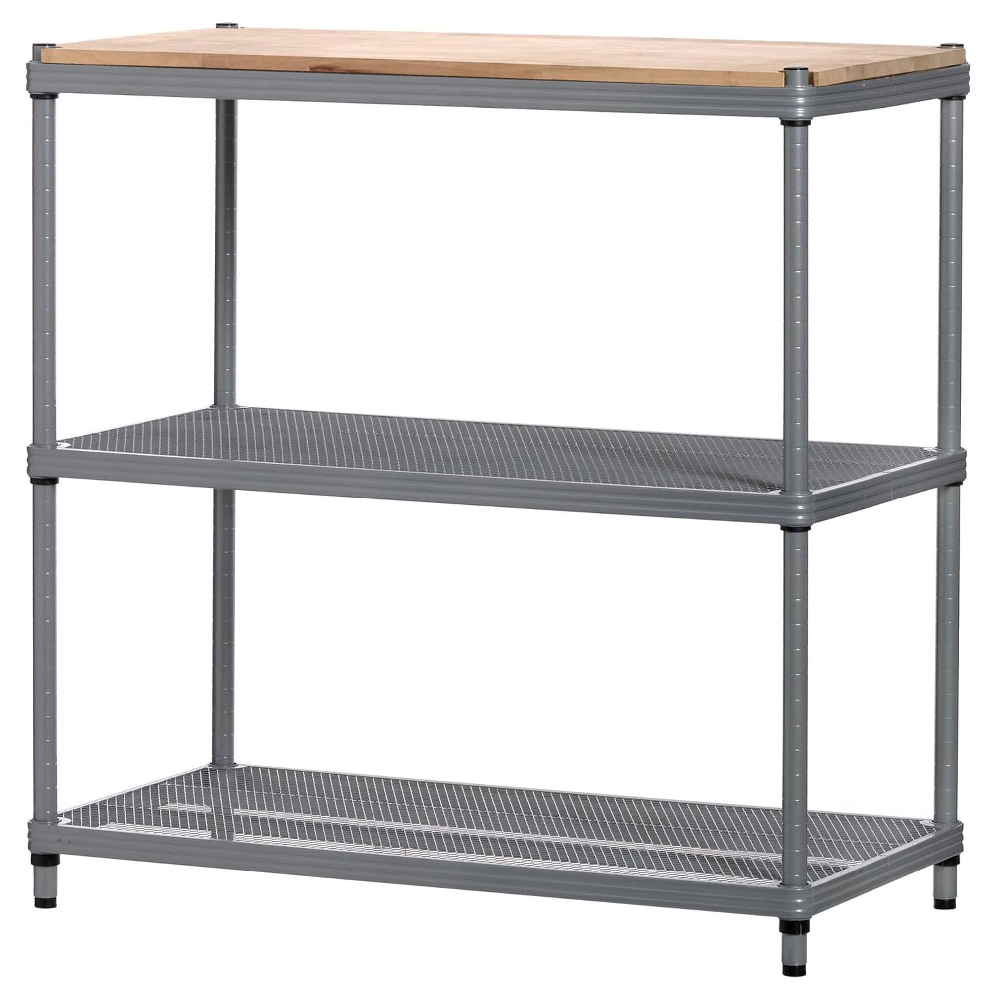 Front. Design Ideas - Design Ideas MeshWorks Metal Storage Wood Top Workbench Shelving Unit, Silver - Silver.