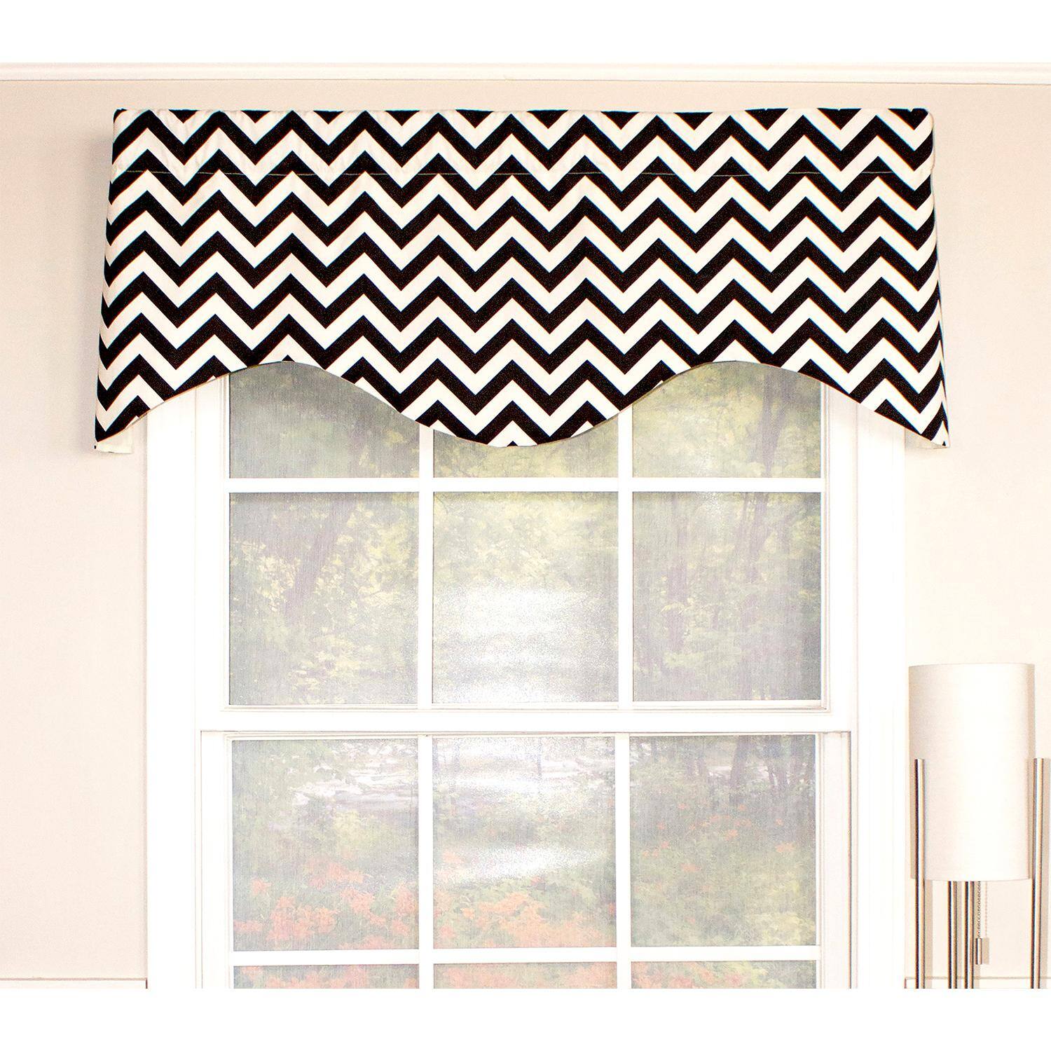 Angle. RLF Home - RLF Home Zig Zag Cornice  100% Cotton with Fully Lined 3" Rod Pocket Valnance for Windows 50" x 17" Black - Black.