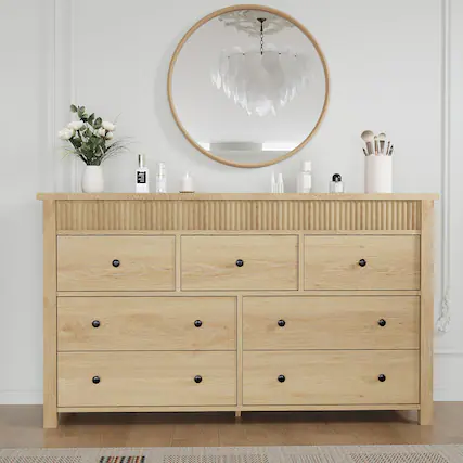 Front. Acekool - 7 Drawer Dresser for Bedroom, Wooden Chest of Drawers, Fluted TV Stand - Yellow.