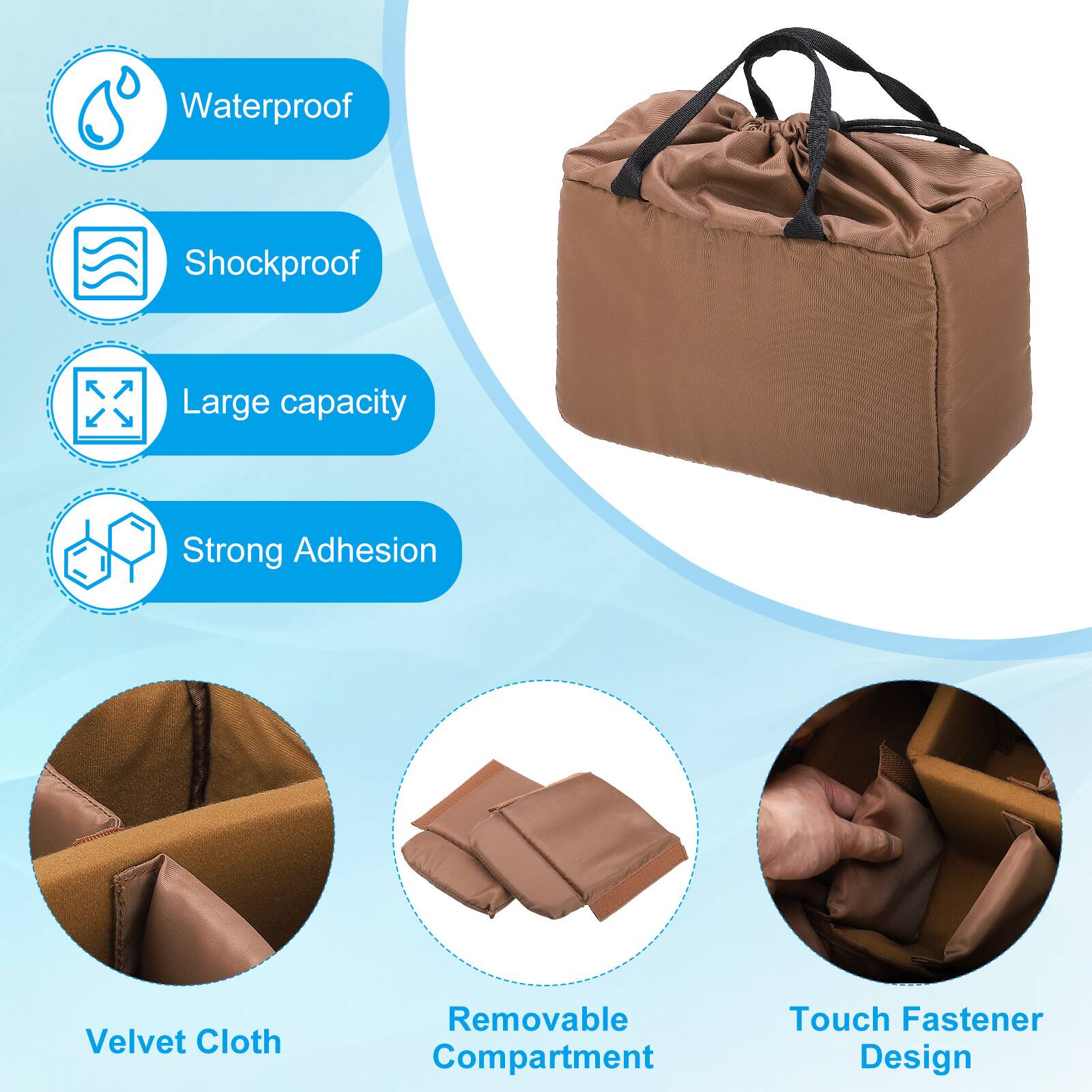 Waterproof  
Shockproof  
Large capacity  
Strong Adhesion  
Velvet Cloth  
Removable Compartment  
Touch Fastener Design