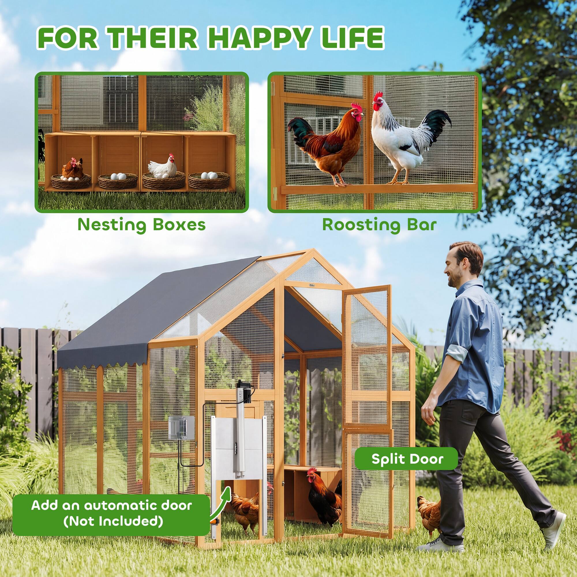 FOR THEIR HAPPY LIFE

Nesting Boxes
Roosting Bar
Split Door

Add an automatic door (Not Included)
