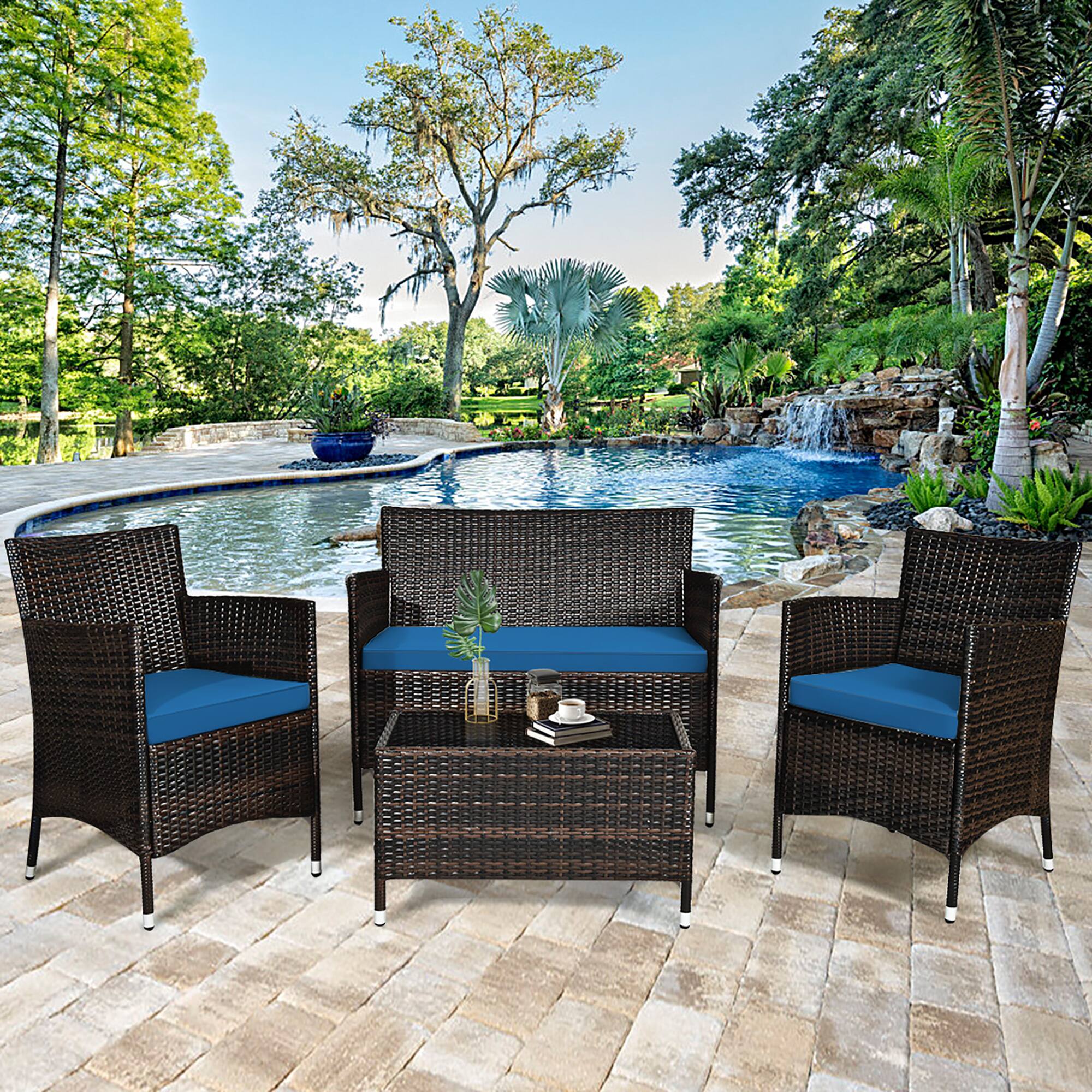 Alt View 9. Gymax - Gymax 4PCS Patio Rattan Conversation Furniture Set Outdoor w/ Peacock Blue Cushion - Peacock Blue.