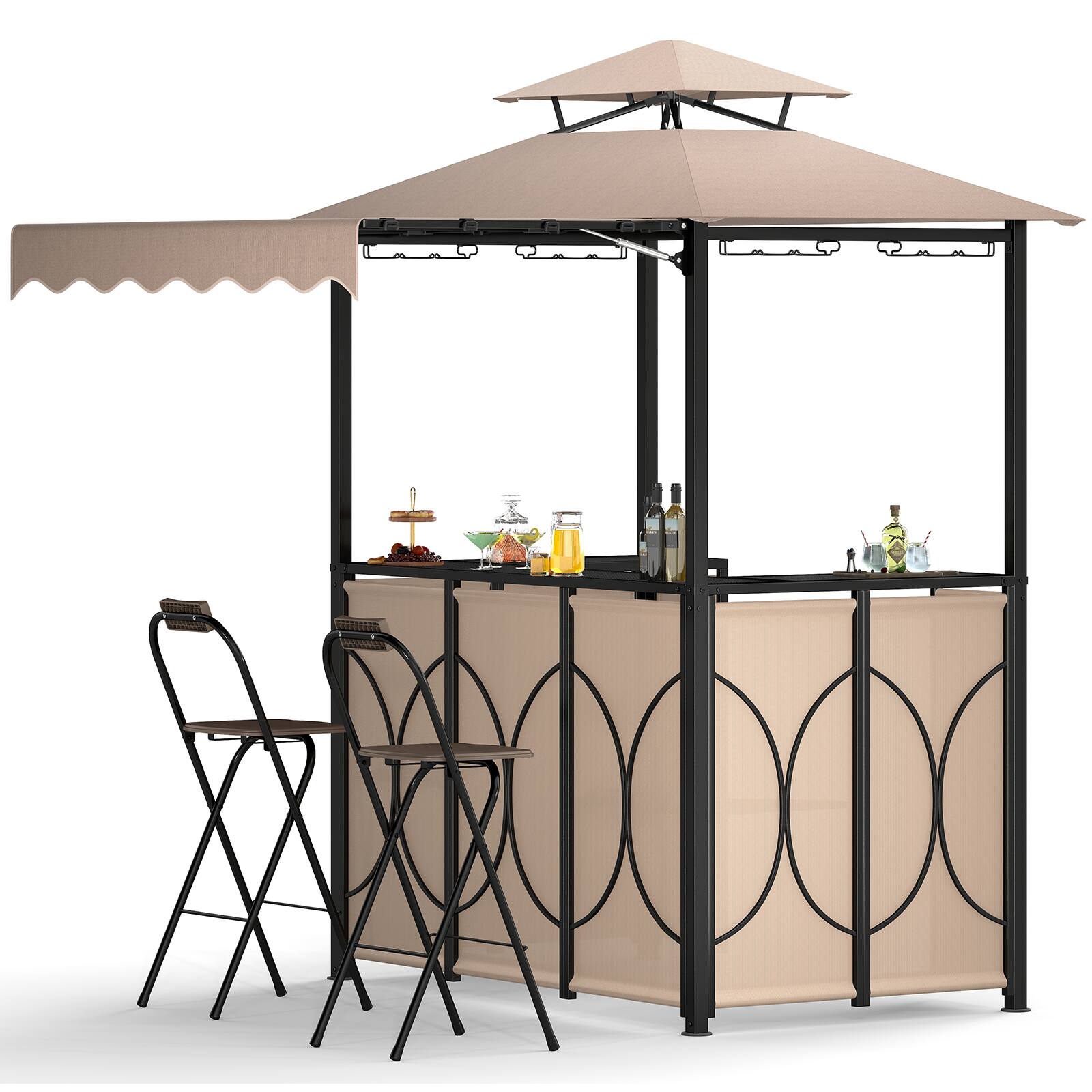 Alt View 9. Gymax - Gymax 3-Piece Outdoor BBQ Canopy w/ Bar Table & 2 Foldable Bar Chairs Set for Patio Coffee - Coffee.