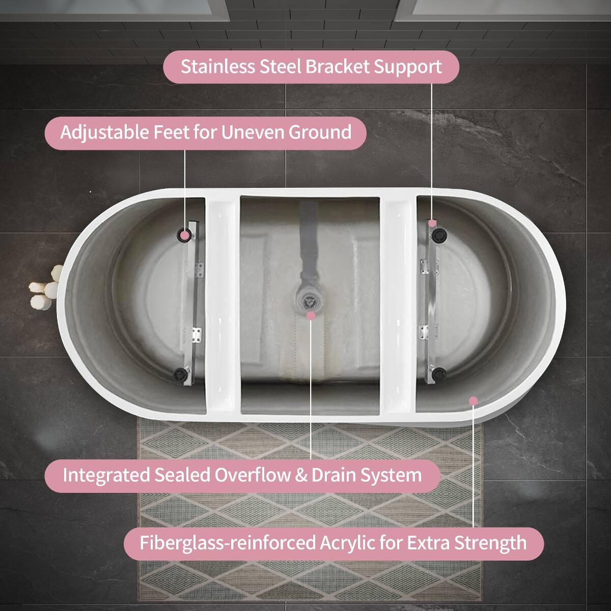 Stainless Steel Bracket Support  
Adjustable Feet for Uneven Ground  
Integrated Sealed Overflow & Drain System  
Fiberglass-reinforced Acrylic for Extra Strength