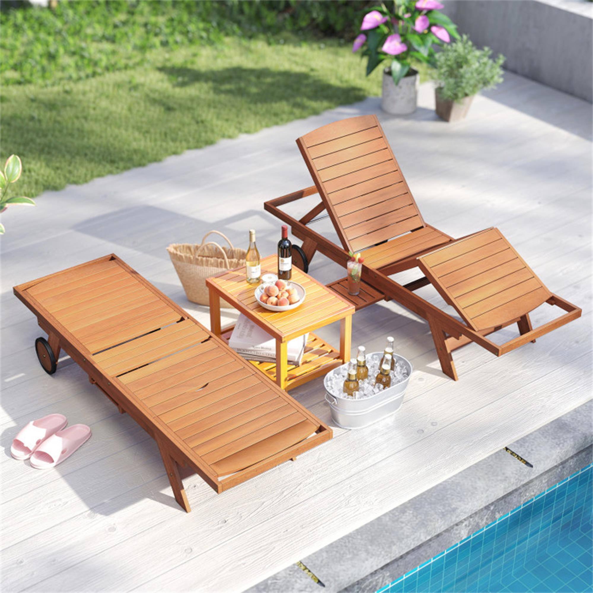 Alt View 5. Boyel Living - Brown Outdoor Chaise Lounge Chair with Wheels 4Position Patio Wood Recliner with Adjustable Backrest - Brown.