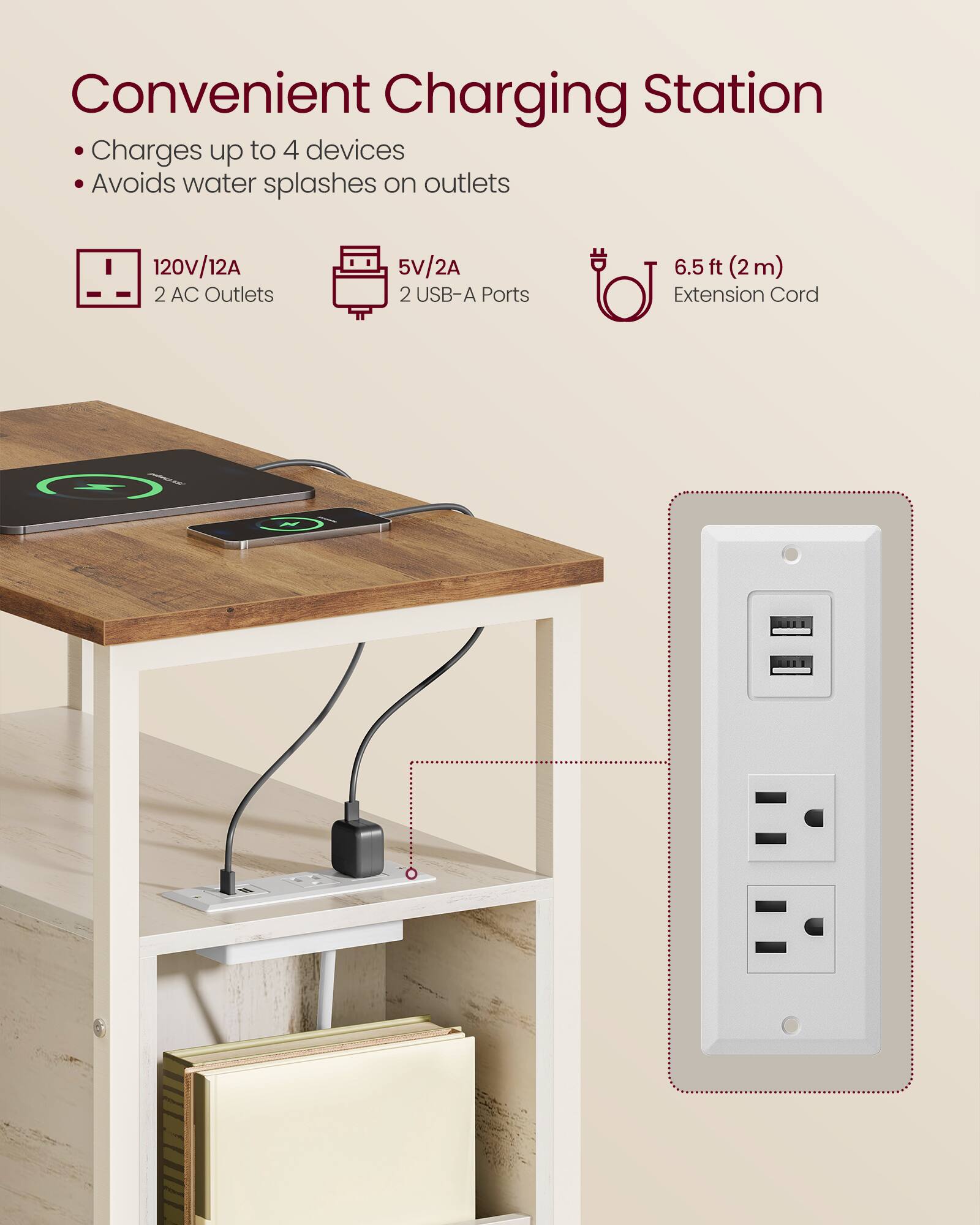 Convenient Charging Station

- Charges up to 4 devices
- Avoids water splashes on outlets

120V/12A  
2 AC Outlets

5V/2A  
2 USB-A Ports

6.5 ft (2m) Extension Cord