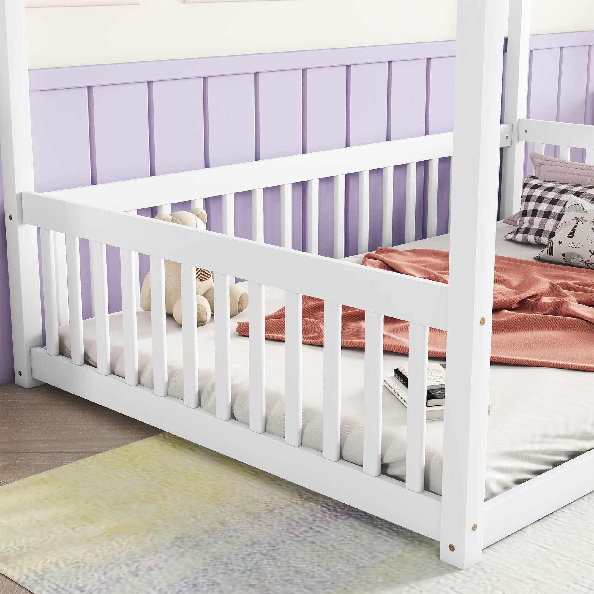 Back. Tiramisubest - Full Size Canopy Frame Floor Bed with Fence, Guardrails,White - White.