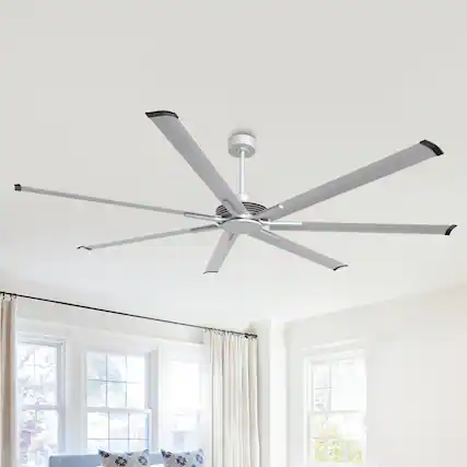 Front. Parrot Uncle - 100" 7-Blade Industrial Ceiling Fan without Light, 6-Speed Reversible DC Motor, Remote Control - Silver.