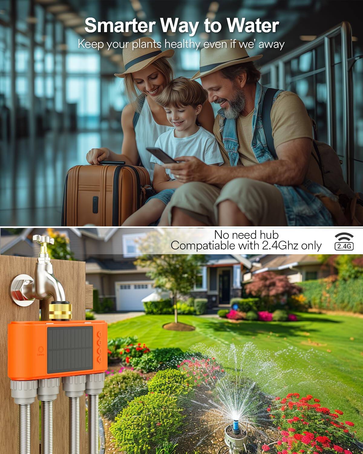 Smarter Way to Water  
Keep your plants healthy even if we're away  

No need hub  
Compatible with 2.4Ghz only
