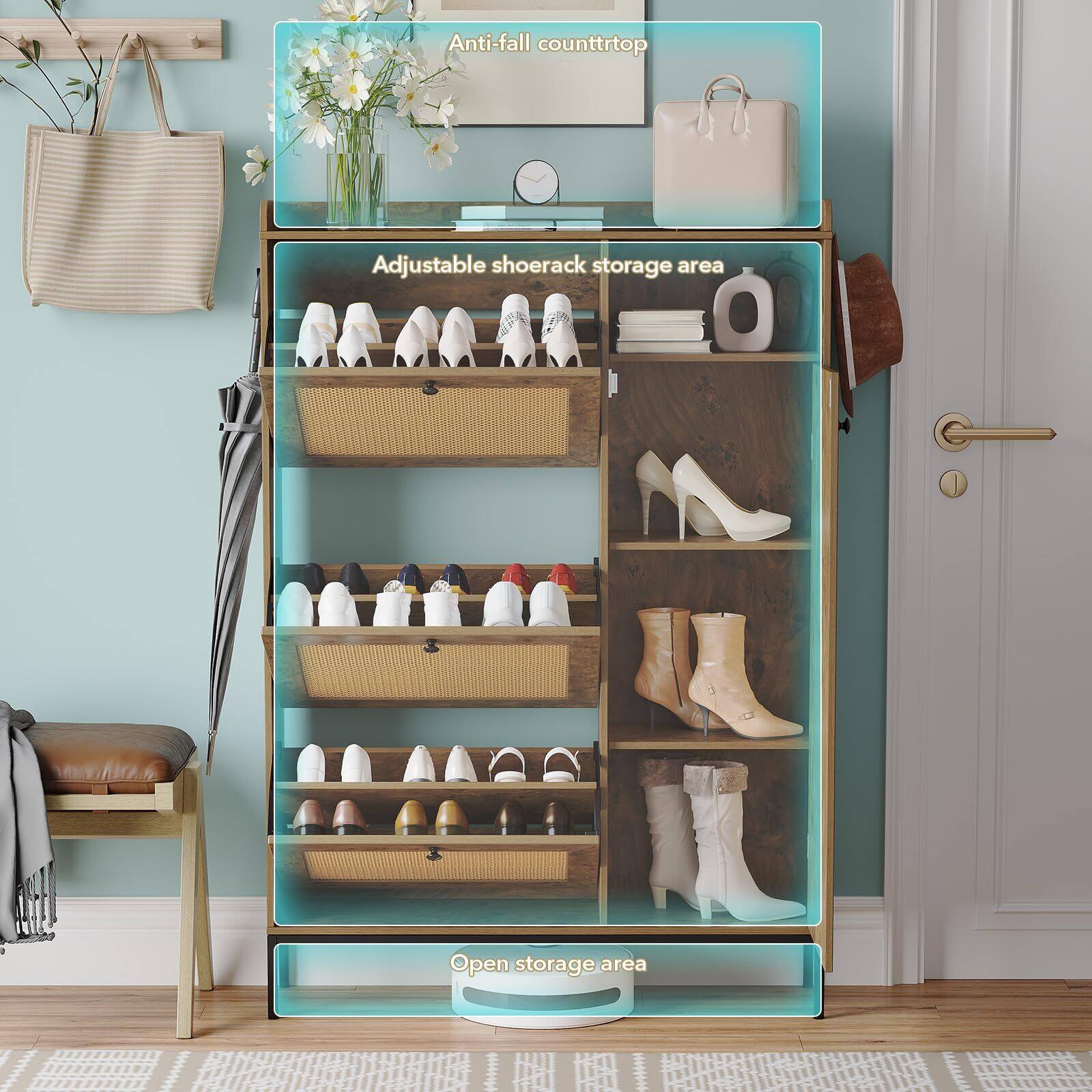 Anti-fall countertop  
Adjustable shoerack storage area  
Open storage area