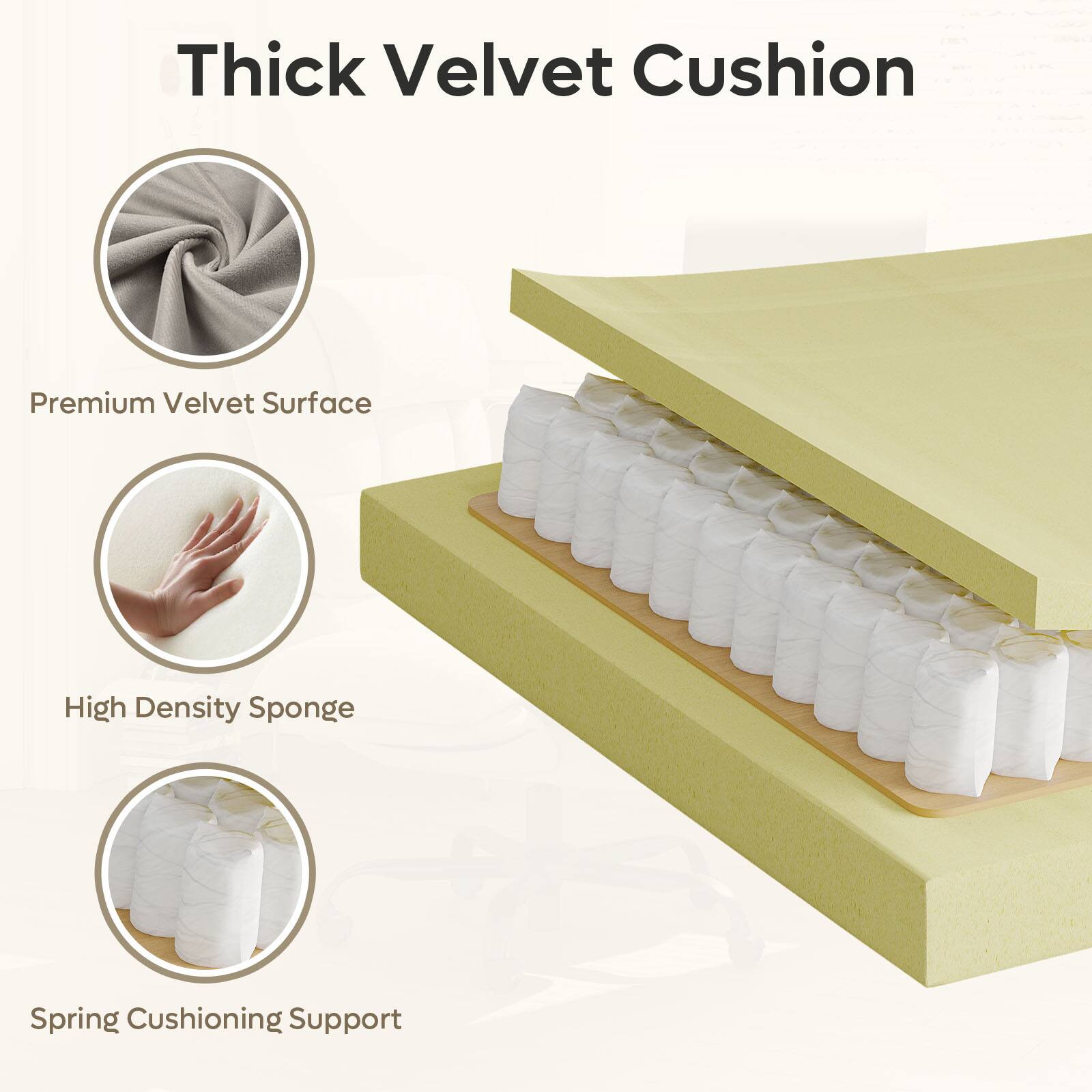 Thick Velvet Cushion: Premium Velvet Surface, High Density Sponge, Spring Cushioning Support.