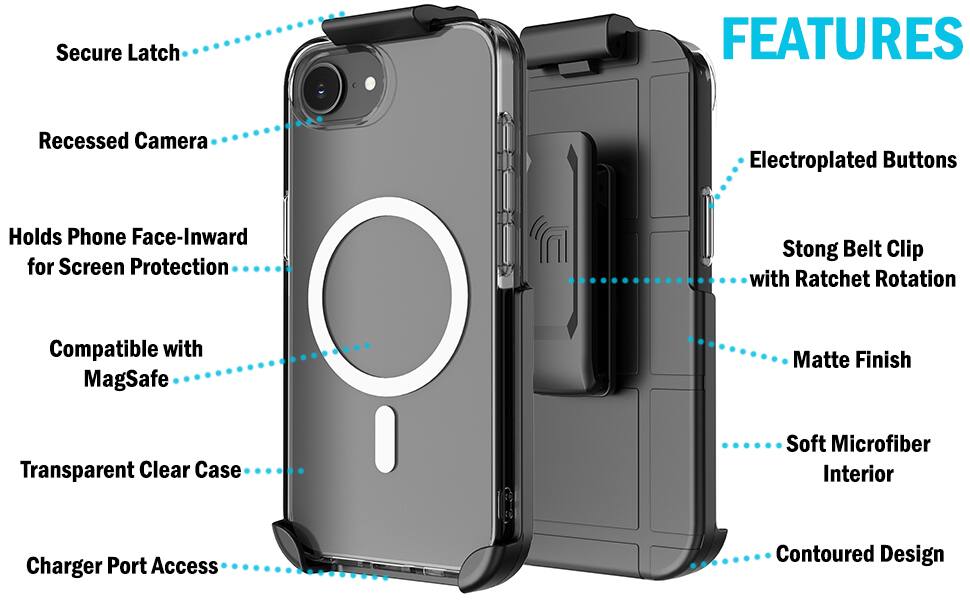 Secure Latch Recessed Camera Holds Phone Face-Inward for Screen Protection Transparent Compatible MagSafe Clear with Case Q Charger Port Access

FEATURES
- Electroplated Buttons
- Strong Belt Clip with Ratchet Rotation
- Matte Finish
- Soft Microfiber Interior
- Contoured Design