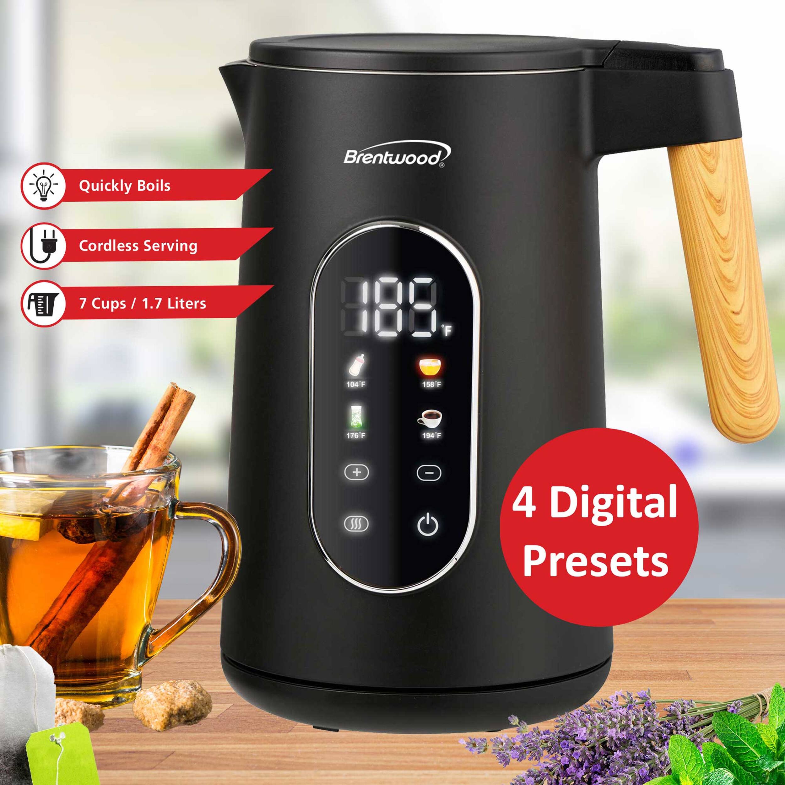 Quickly Boils  
Cordless Serving  
7 Cups / 1.7 Liters  
4 Digital Presets