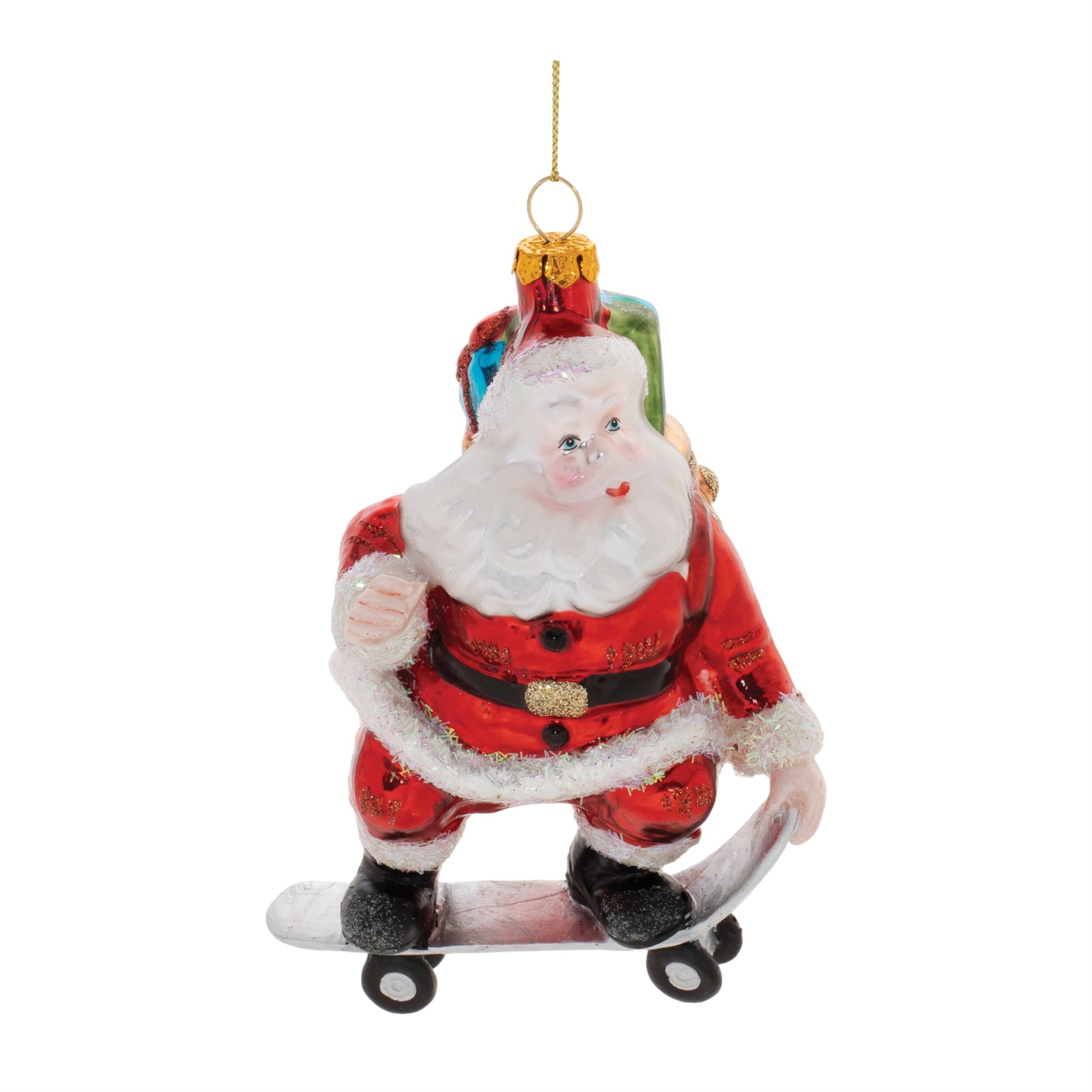 Front. BreeBe - Glass Skateboarding Santa Oranment (Set of 6) - Red, White.