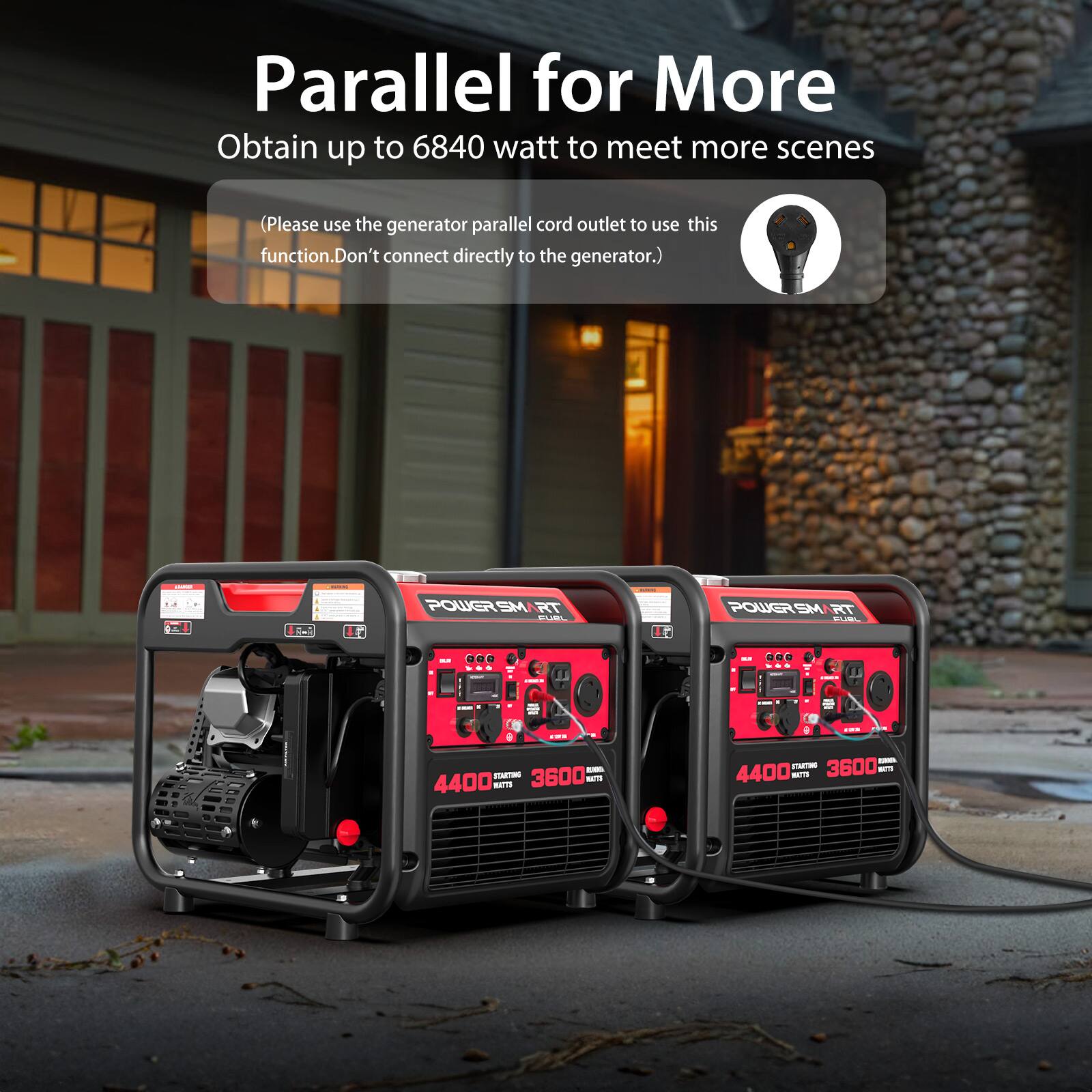 Parallel for More  
Obtain up to 6840 watt to meet more scenes  
Please use the generator parallel cord outlet to use this function. Don't connect directly to the generator.