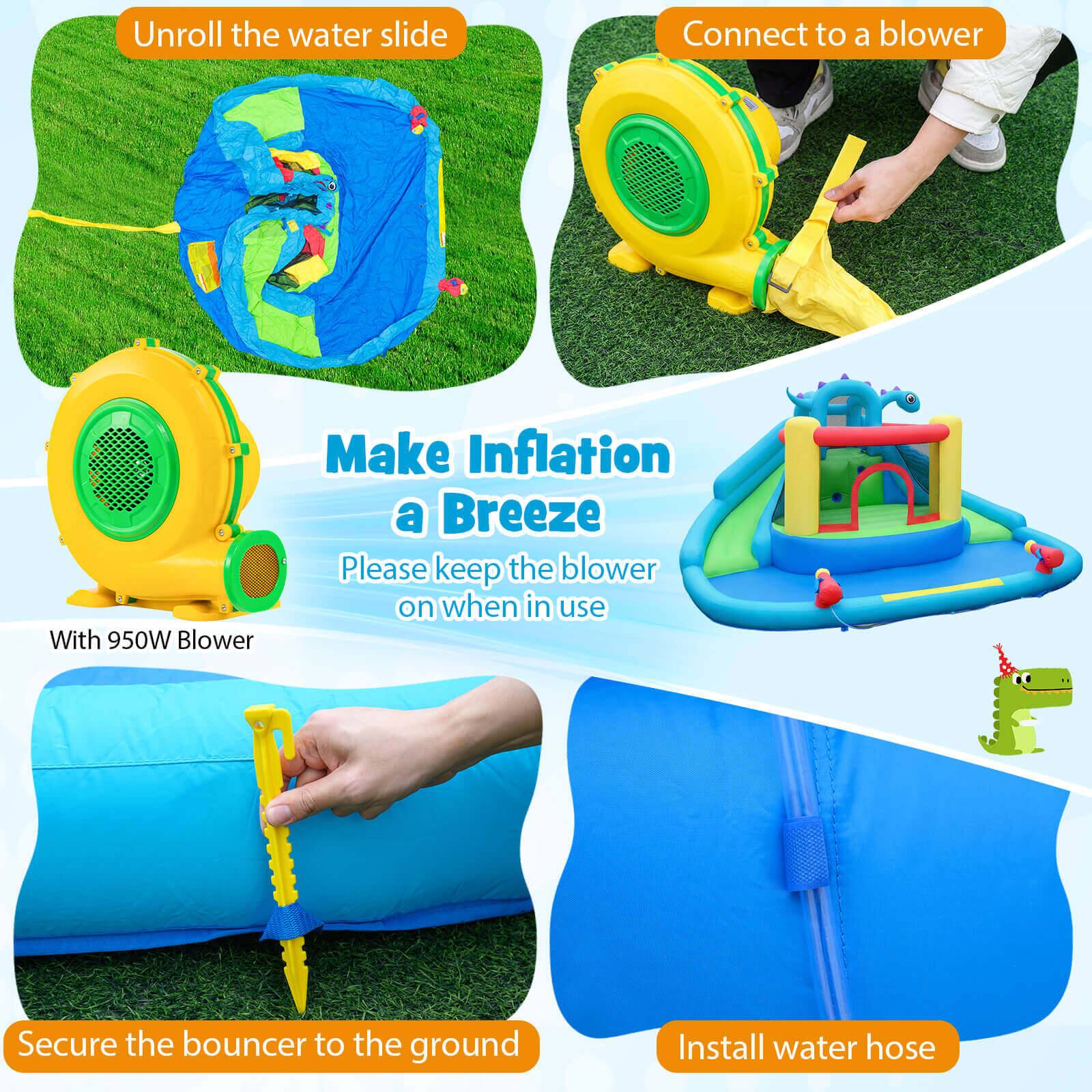 Unroll the water slide  
Connect to a blower  
Make Inflation a Breeze  
With 950W Blower  
Please keep the blower on when in use  
Secure the bouncer to the ground  
Install water hose