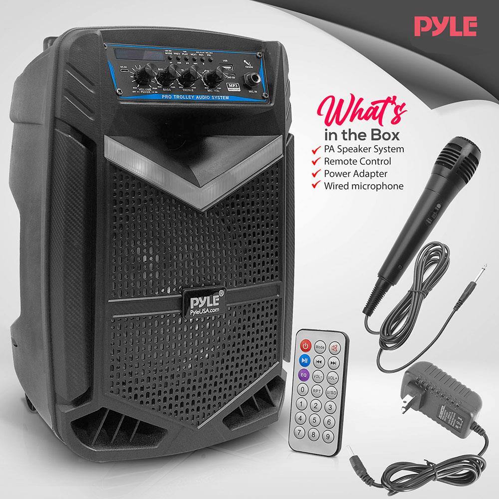 PYLE MPS Snds 1 PRO TROLLEY AUDIO SYSTEM

What's in the Box
- PA Speaker System
- Remote Control
- Power Adapter
- Wired microphone

PYLE
PyleUSA.com

Mode A - FH EO OL- VOL 0 140 SD 1 2 3 4 7 S 8 6 6