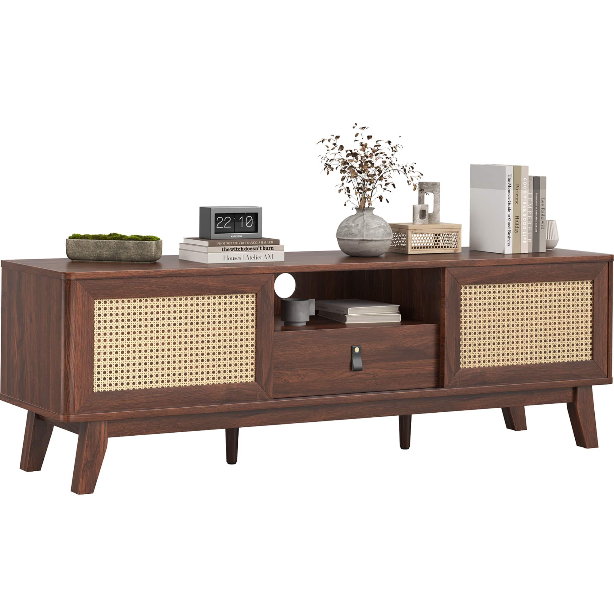 GOODSILO - Mid-Century Modern Rattan TV Stand with Drawer and Cabinets, Stylish Entertainment Center for Living Room Storage - Walnut