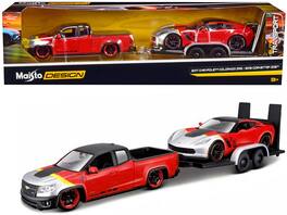 Maisto - 2017 Chevrolet Colorado ZR2 Pickup 2015 Corvette Z06 with Flatbed Trailer Set of 3 "Elite Transport" 1/24 - Red