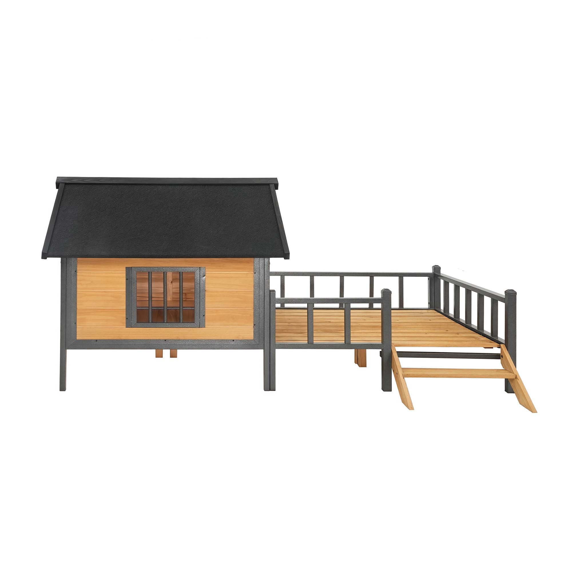 Alt View 3. Boyel Living - Natural Wood Large Wooden Dog Kennel Porch Unique AllAround Iron FrameOutdoor Cabin House Style - Brown.