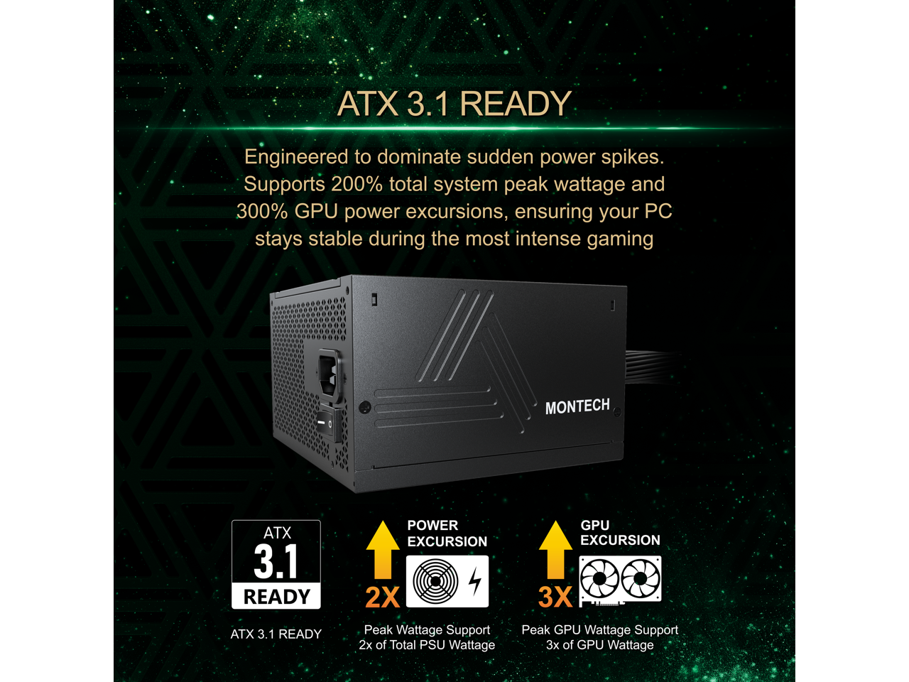 ATX 3.1 READY  
Engineered to dominate sudden power spikes. Supports 200% total system peak wattage and 300% GPU power excursions, ensuring your PC stays stable during the most intense gaming.

ATX 3.1 READY  
POWER EXCURSION  
2X Peak Wattage Support  
2x of Total PSU Wattage  

GPU EXCURSION  
3X Peak GPU Wattage Support  
3x of GPU Wattage