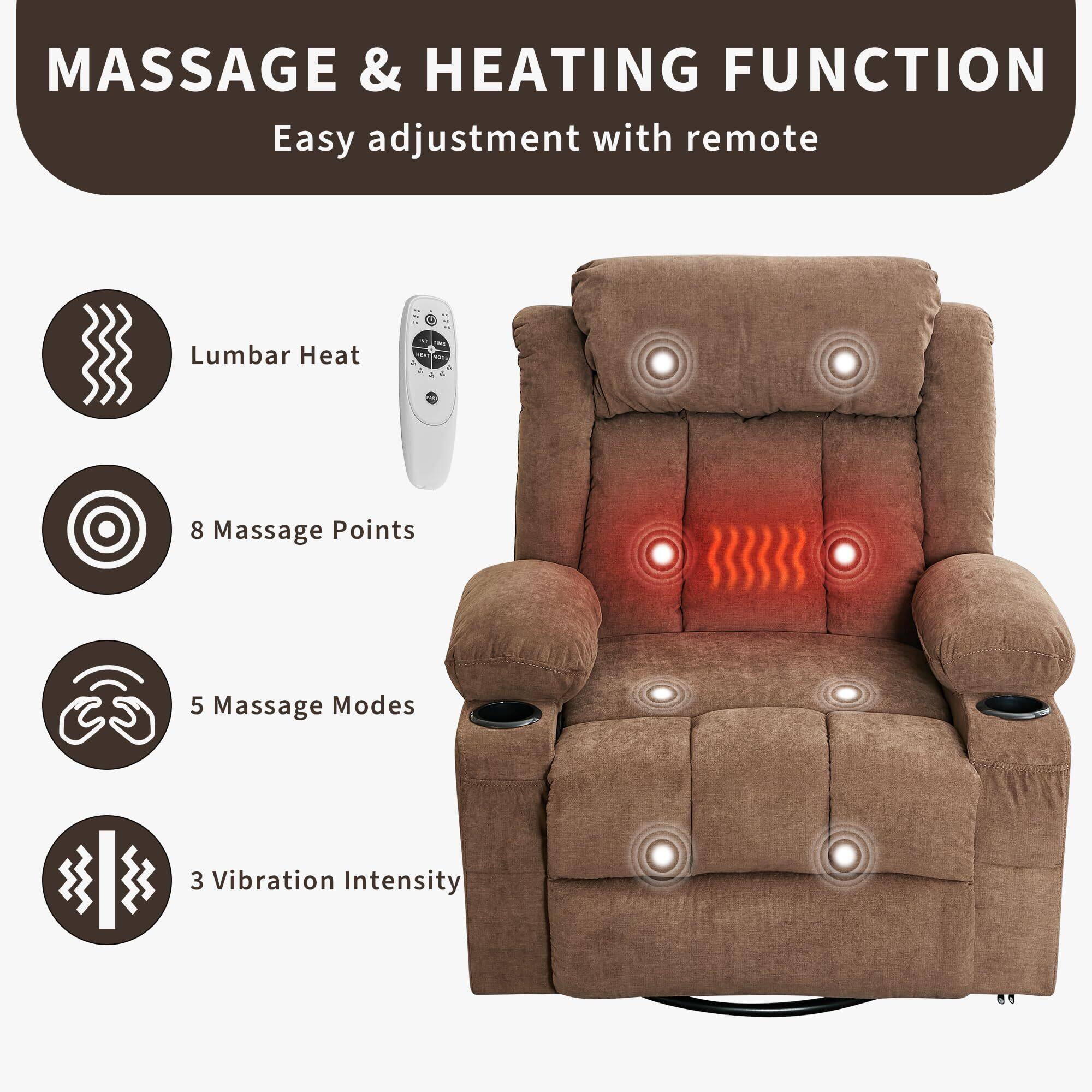 MASSAGE & HEATING FUNCTION  
Easy adjustment with remote  

- Lumbar Heat  
- 8 Massage Points  
- 5 Massage Modes  
- 3 Vibration Intensity