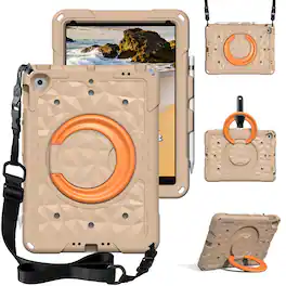 UUCOVER - Kids Case for iPad 9th/8th/7th Generation 10.2 inch Shockproof EVA Handle Stand Cover with Shoulder Strap - Khaki+Orange
