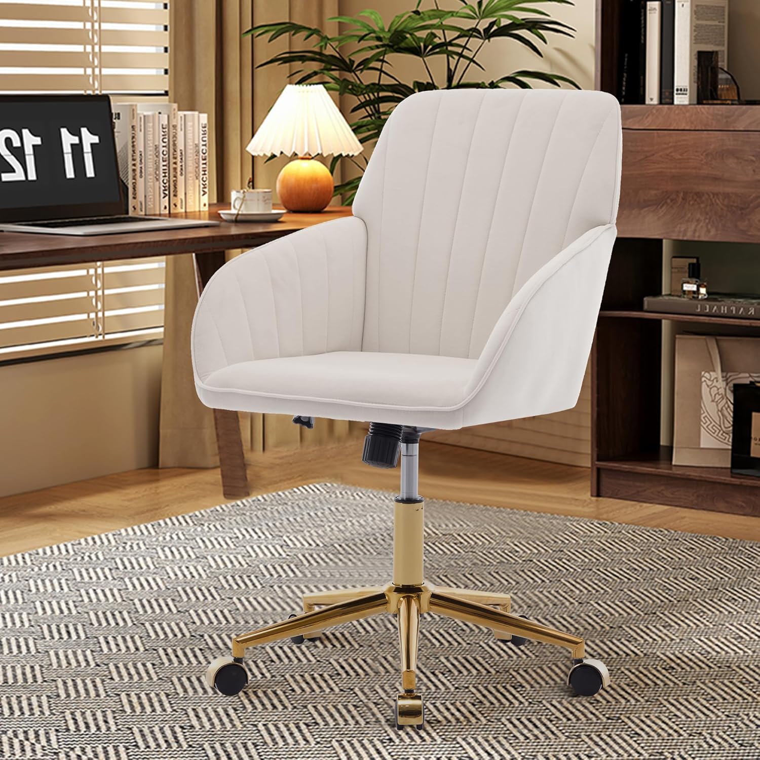 Trinkets Crazed - 24.6" Velvet Office Chair, Ergonomic Swivel Desk Chair with Memory Foam Seat - Adjustable Height Computer Chair - beige