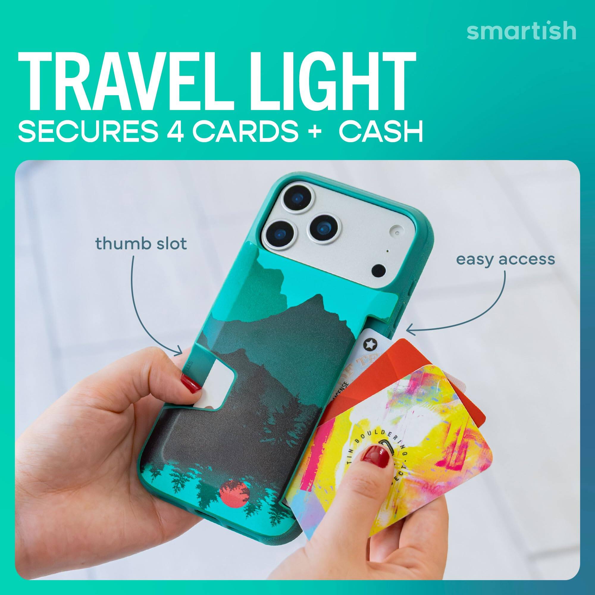 smartish TRAVEL LIGHT SECURES 4 CARDS + CASH

thumb slot

easy access