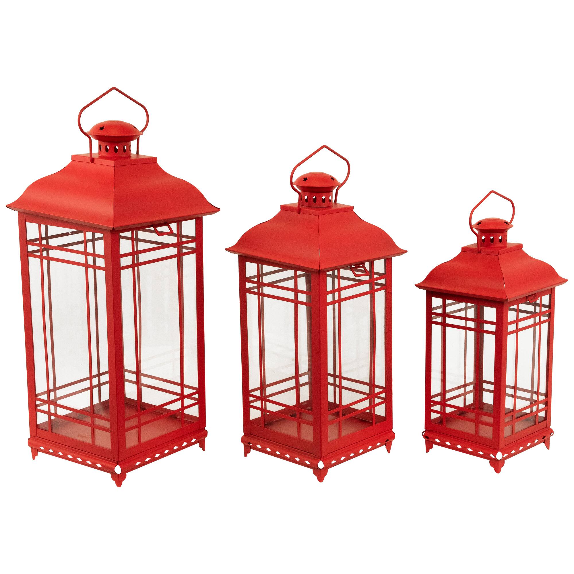 Alt View 2. Northlight - Mission Style Metal Candle Lanterns - 19.5" - Red - Set of 3 - Red.