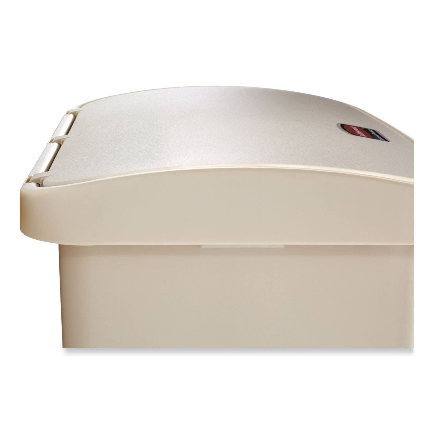 Left. RubberMaid - Streamline Resin Step-On Container, Front Step Style, 8 gal, Polyethylene, Beige.