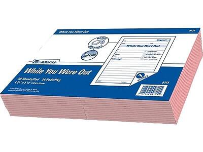 Sure, here is the corrected and grouped text from the image:

**Front of the Box:**
- While You Were Out
- 60 Sheets/Pad
- 24 Pads/Plg
- 4" x 5" 1/2" Thick
- 8711

**Top of the Box:**
- While You Were Out
- 8711

**Side of the Box:**
- While You Were Out
- 8711

**Sample Pad:**
- While You Were Out
- [Fields for Date, Time, Employee, Message, Signature, etc.]

**Additional Text:**
- Adams
- 1200
- (Logo and other small text not clearly readable)