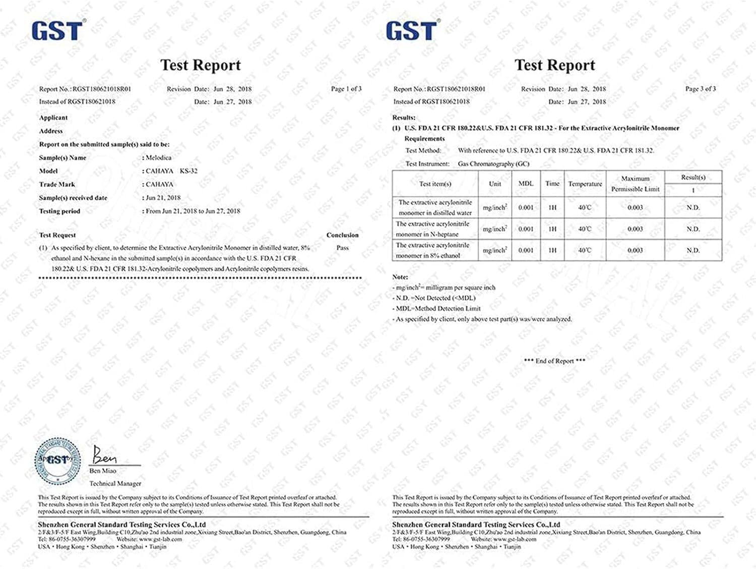 GST Report  
RGST150621018R01  
Instead RGST150621018  
Test Report  
Revision Date: Jun 28, 2018  
Date: Jun 27, 2018  

Applicant Address  
Report on the submitted sample(s)  
Sample(s) Name: Melodica  
Model: CAHAYA KS-32  
Trade Mark: CAHAYA  
Sample(s) received date: Jun 21, 2018  
Testing period: From Jun 21, 2018 to Jun 27, 2018  

Test Request  
(1) As specified by client, to determine the Extractive Acrylonitrile Monomer in distilled water and N-heptane in the submitted sample(s) in accordance with the U.S. FDA 21 CFR 180.22&U.S. FDA 21 CFR 181.32-Acrylonitrile copolymers and Acrylonitrile copolymer resins.  

Conclusion  
Results: Pass  

Page 1 of 3  

Report No.: RGST