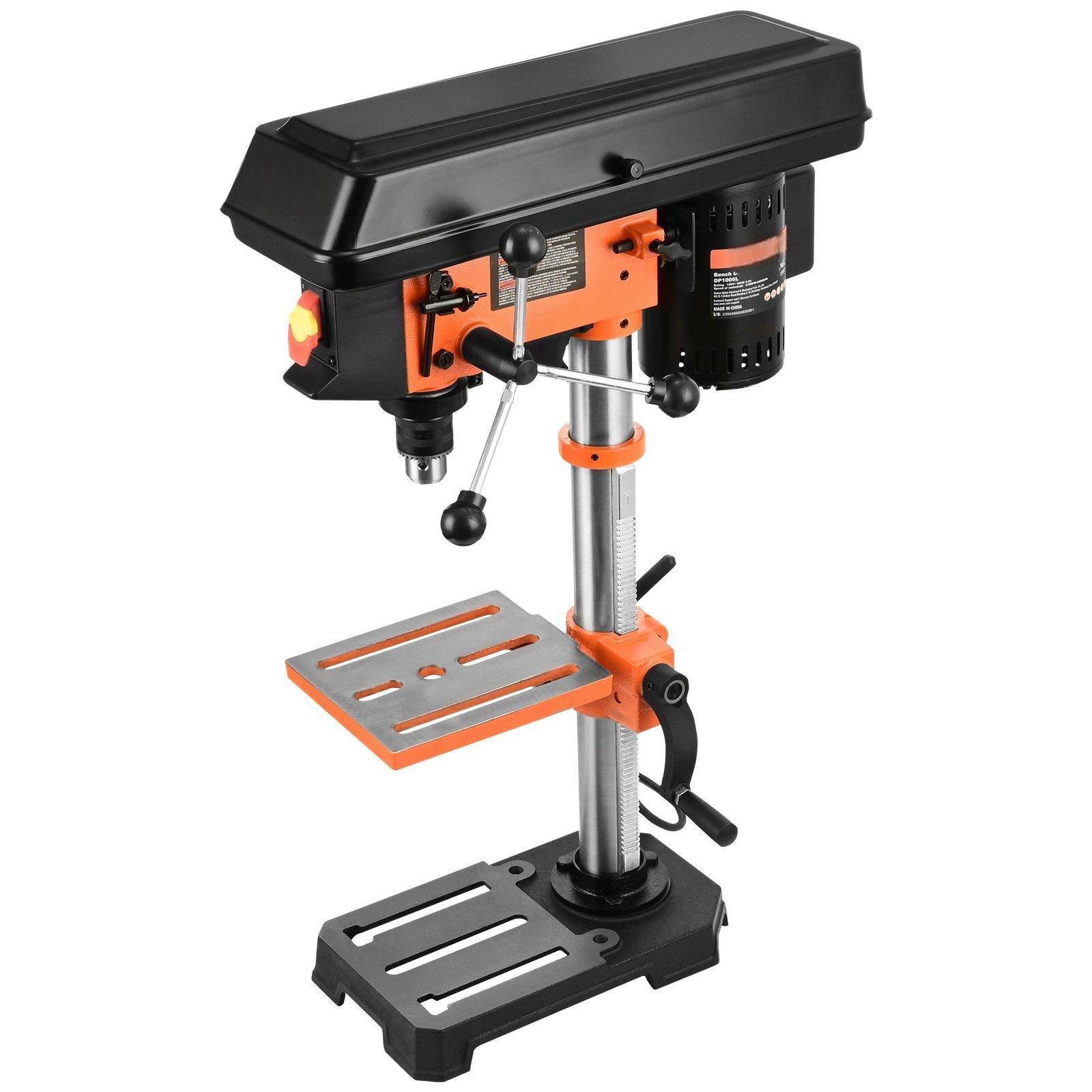 Front. Glintex - 10 Inch 5-Speed Benchtop Drill Press 3.2A Cast Iron Tabletop Drilling Machine 610–2800 RPM for Wood and Metal.