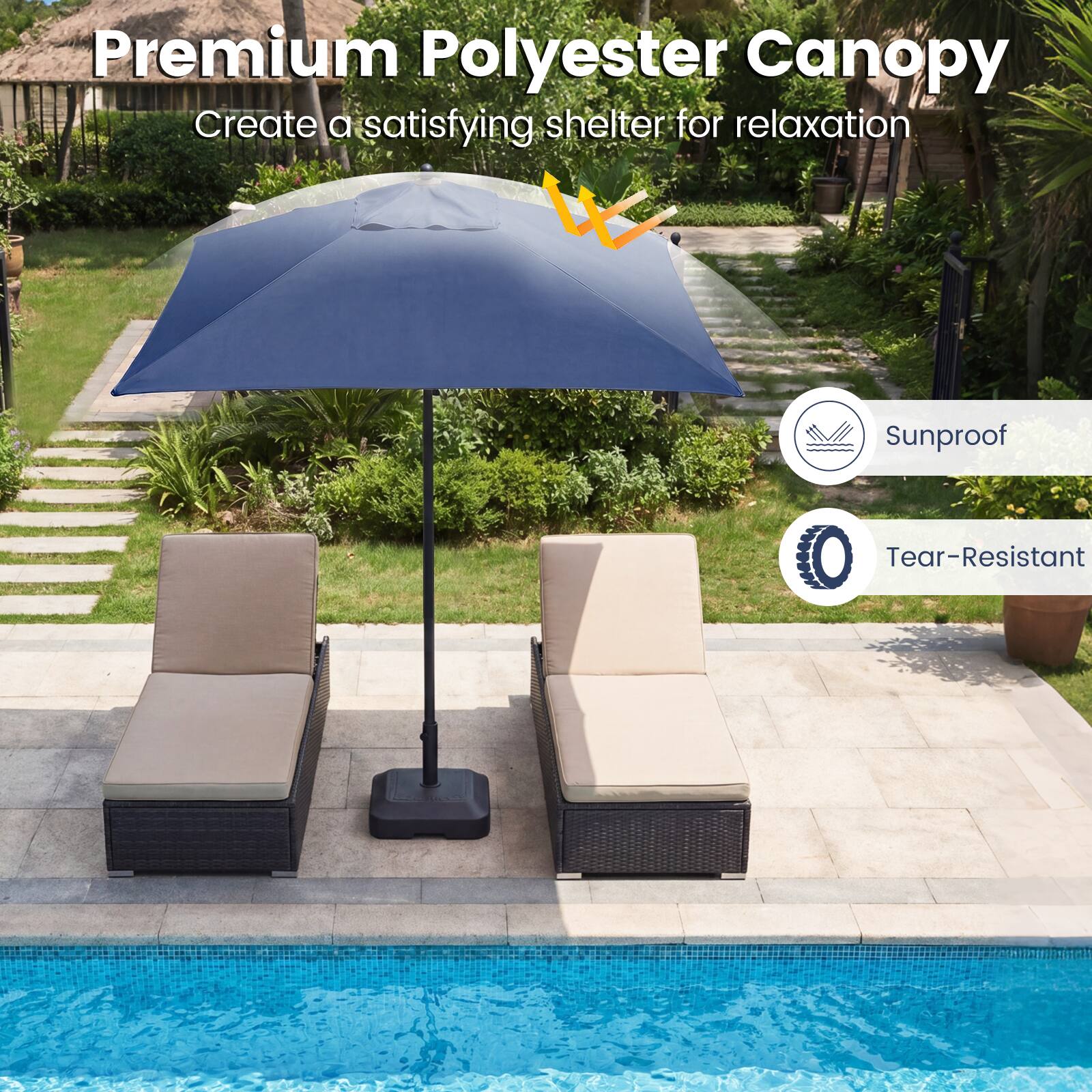 Premium Polyester Canopy  
Create a satisfying shelter for relaxation  
Sunproof  
Tear-Resistant