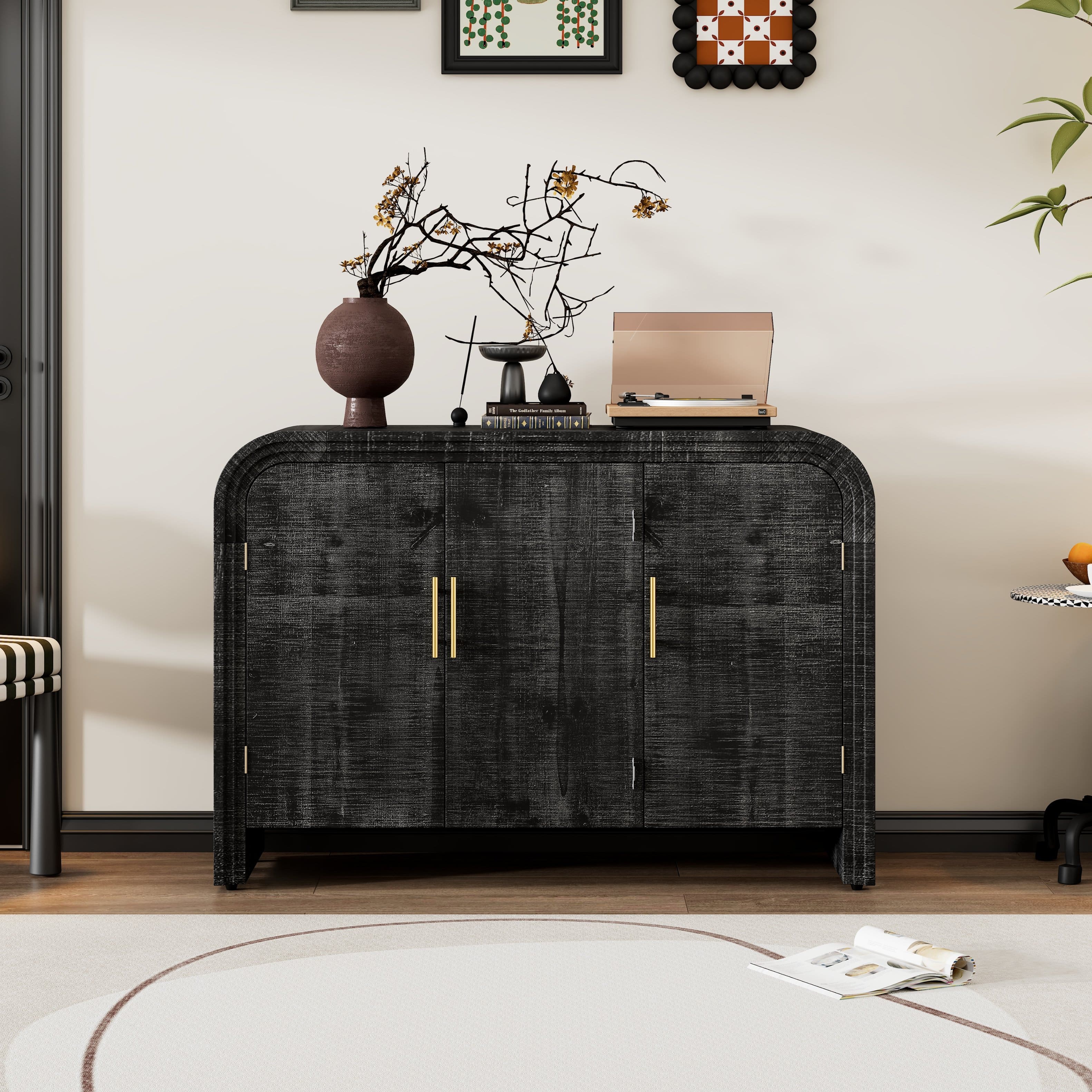 Bestier - Buffet Sideboard Cabinet with Storage, Modern Minimalist Curved Sideboard for Living and Dining Room - Black