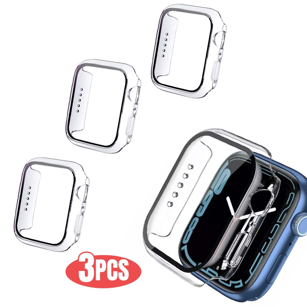 Qixxronics - for Apple Watch Series 7 41mm Case, with Built-in Tempered Glass Screen Protector [3PCS] - Clear