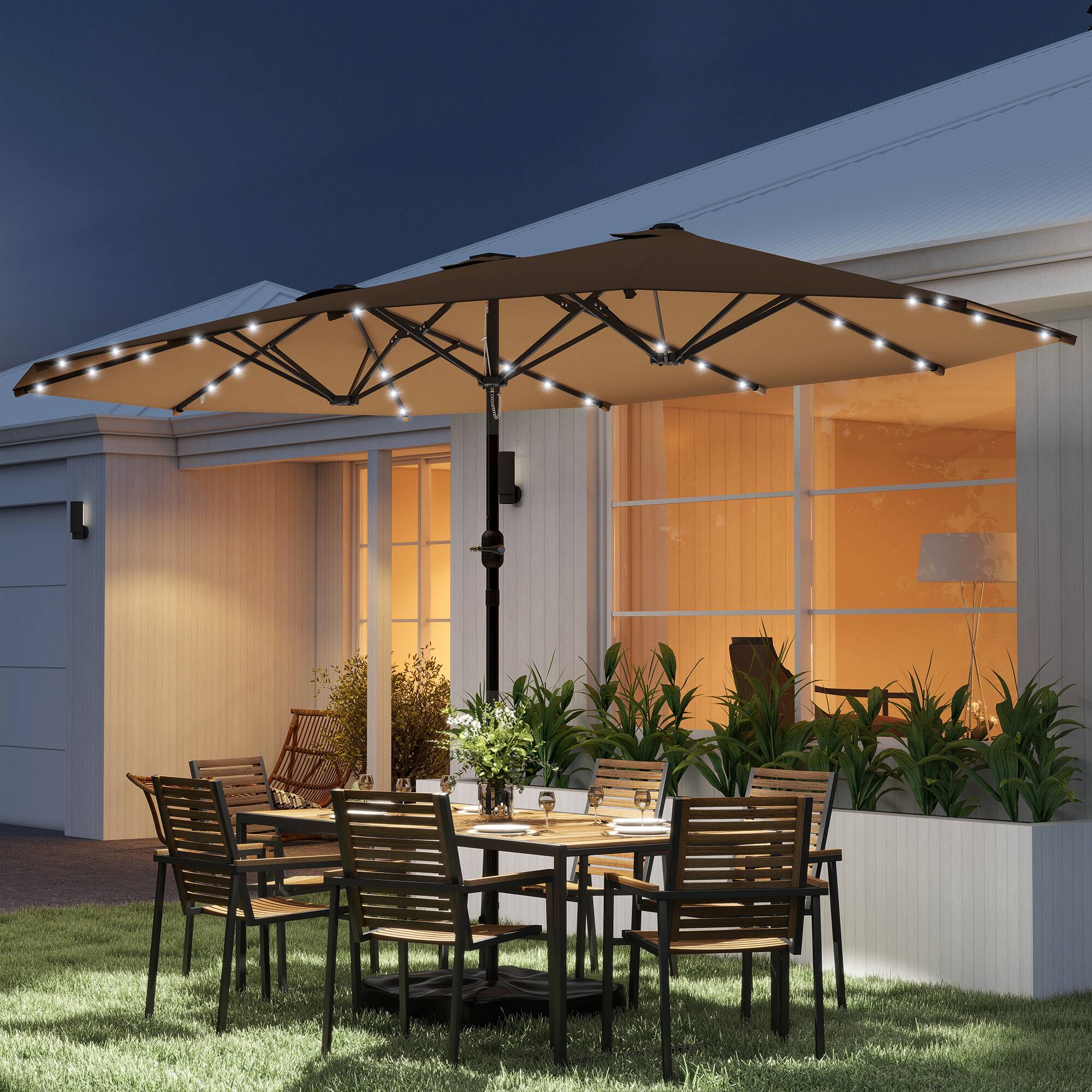 Alt View 1. Outsunny - Parasol 14.4 ft. Double-Sided Sun Umbrella with Base - Khaki.