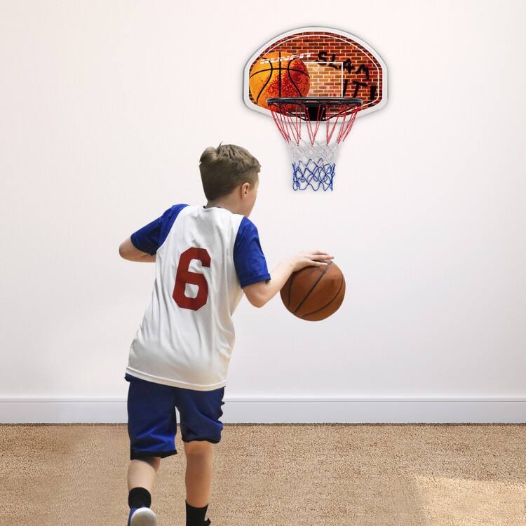 Back. SlickBlue - Indoor Wall Mount Basketball Hoop Backboard Set with Two Nets - Red, White, Blue, Brown, Black.