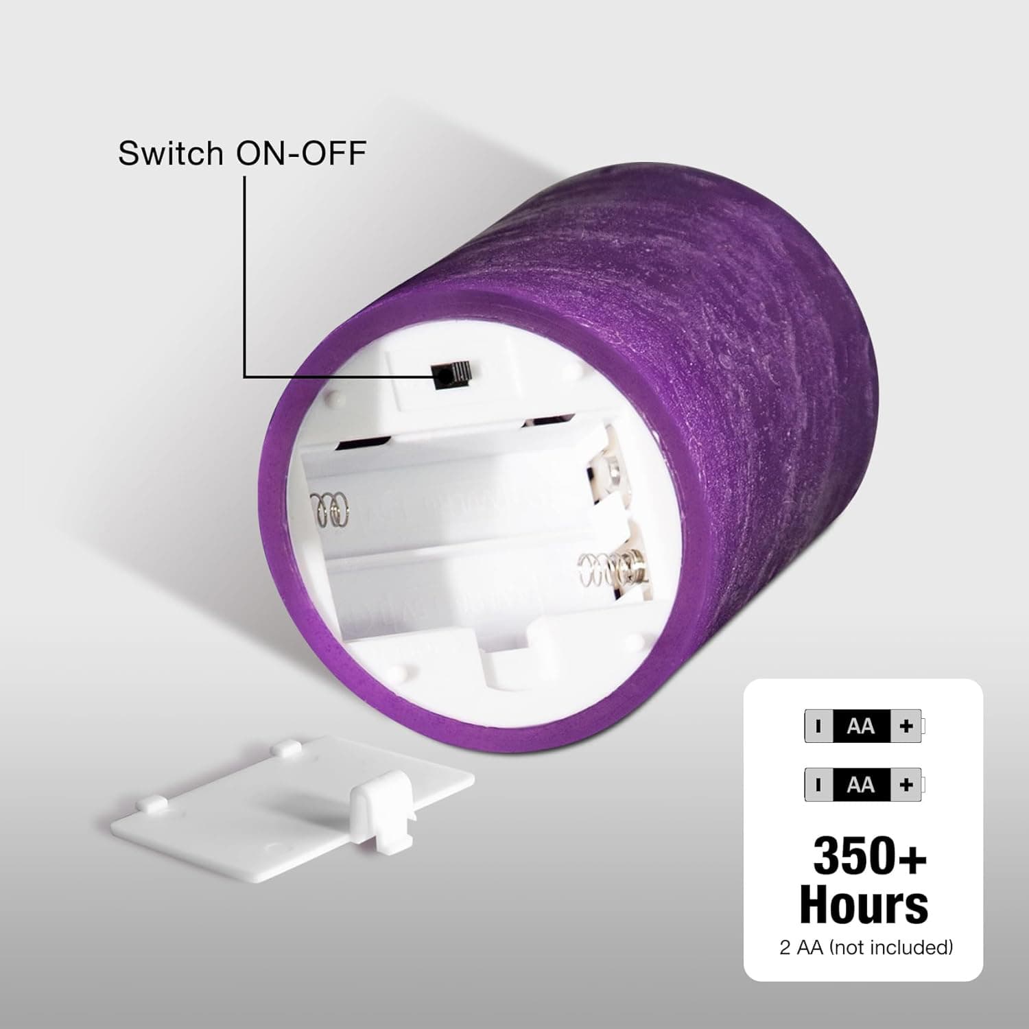 Switch ON-OFF  
Lg wOGe  
I AA + I AA +  
350+ Hours  
2 AA (not included)